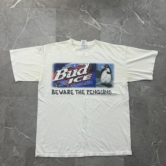 Vintage Bud Ice Shirt Mens XL White Beware The Penguins Wild Oats Beer Promo 90s - Picture 1 of 15